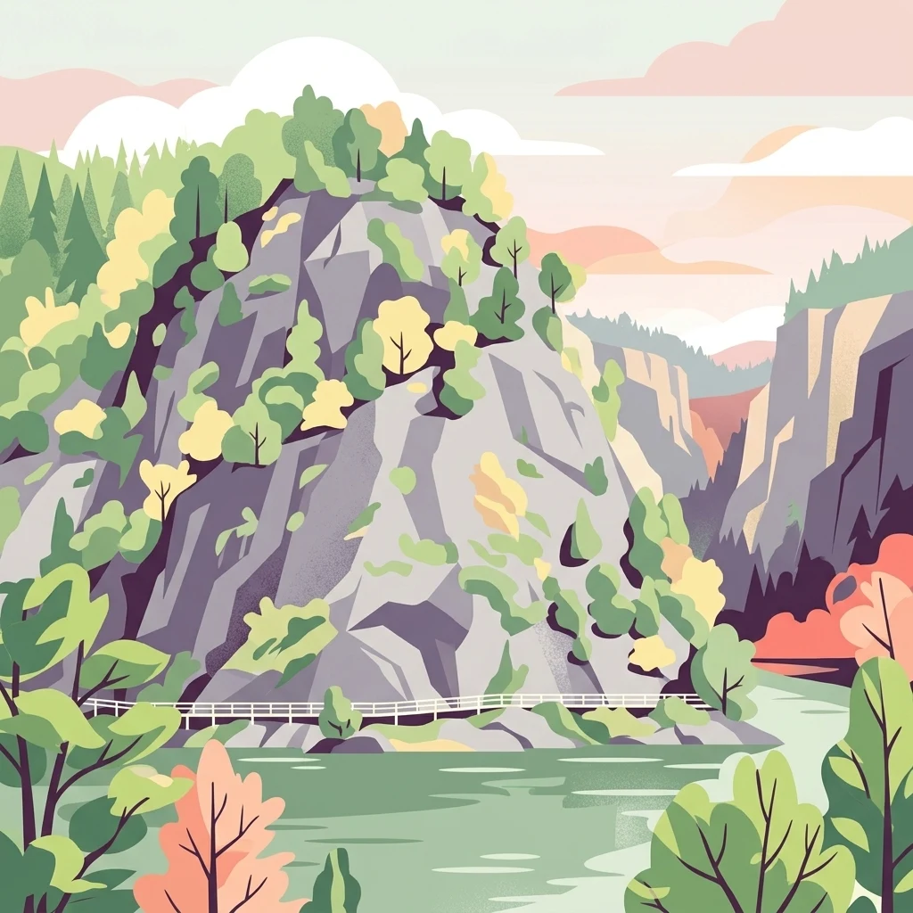 Una ilustración vectorial estilizada de acantilados rocosos y escarpados que se elevan sobre un río con un pequeño puente peatonal blanco que cruza la base.