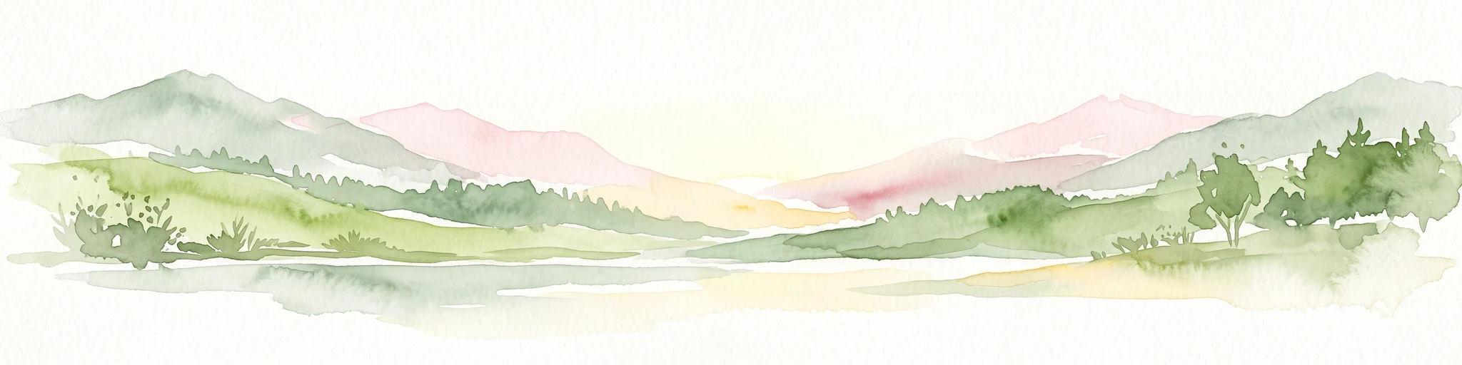 A horizontal watercolor illustration showing soft green hills, forest patches, and distant pale pink mountains.