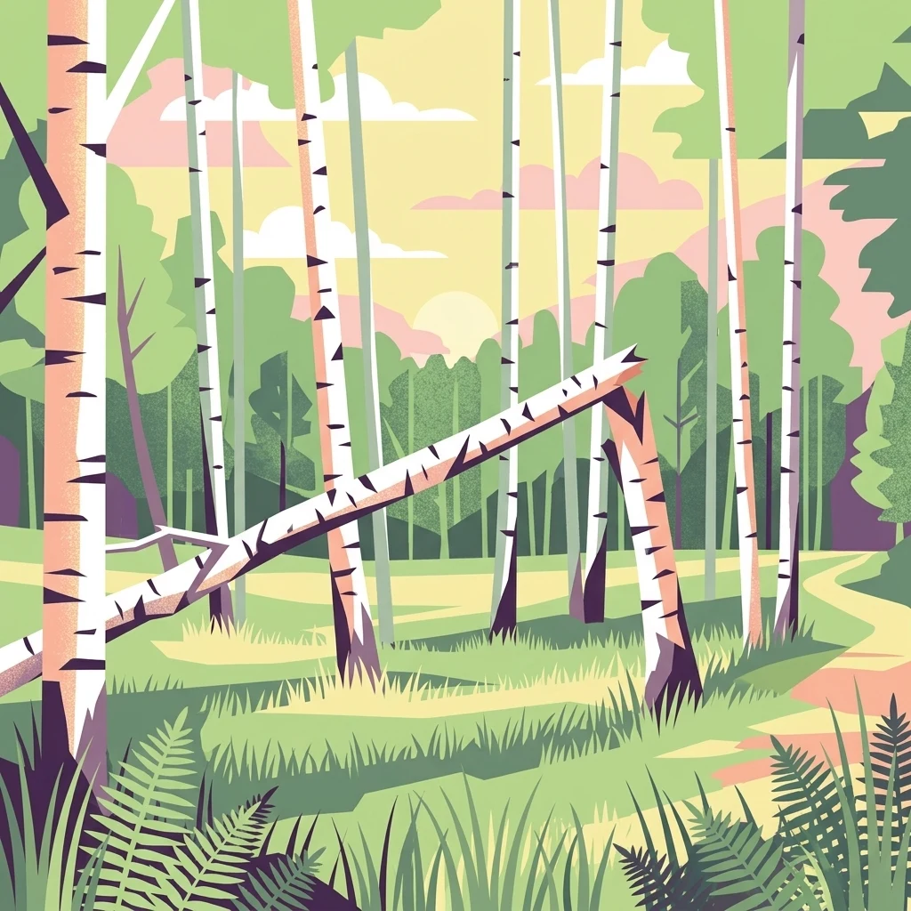 Digital illustration of a forest with tall white-barked birch trees, lush green ferns, grass, and a fallen tree trunk in the center.