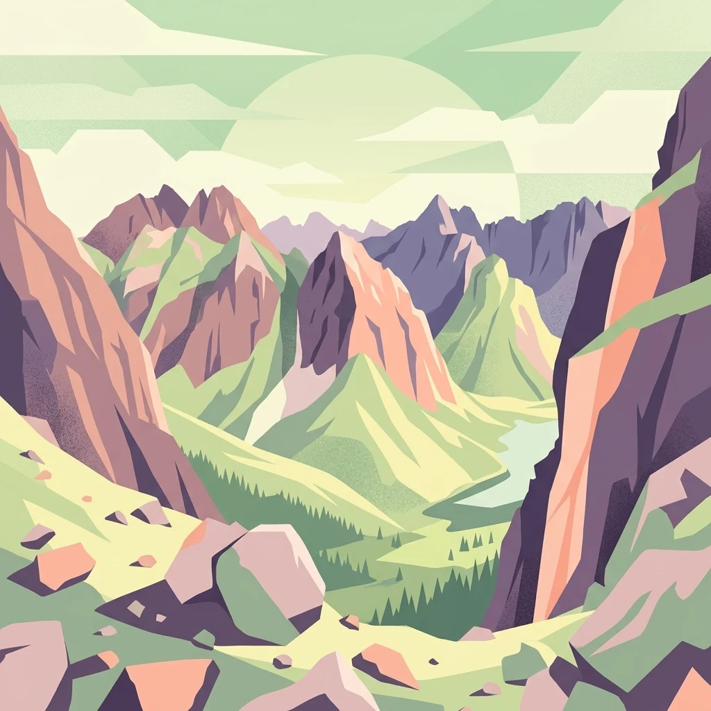 A stylized vector illustration of jagged mountain peaks rising above a valley with scattered rocks and forest.