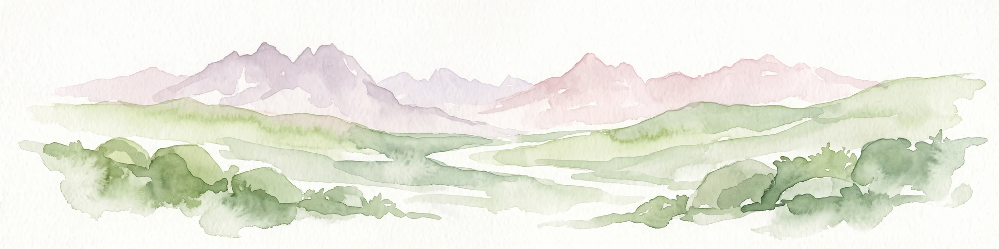Watercolor painting of a mountain range with green foothills and a central valley, set against a plain white background.