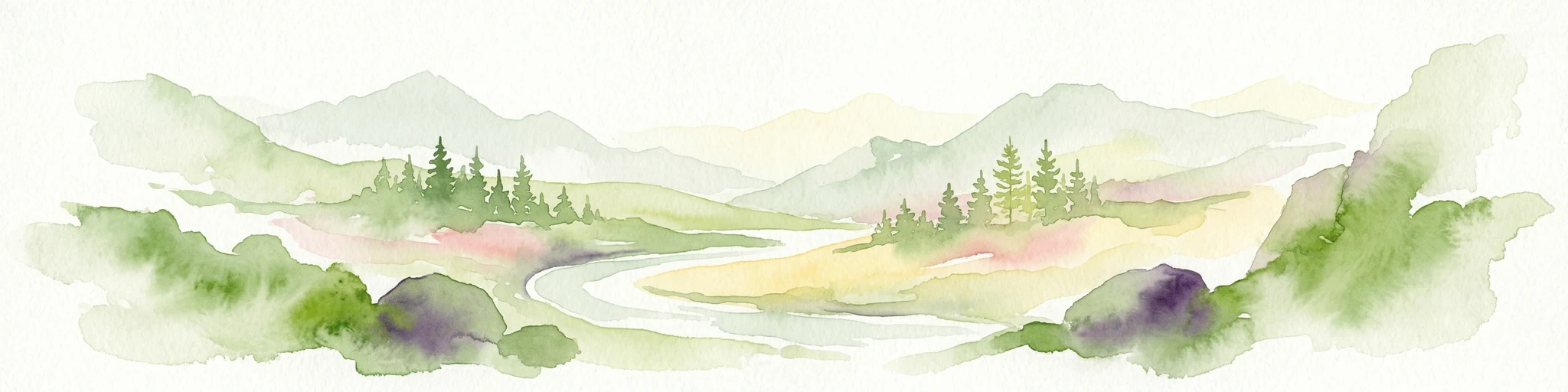 Watercolor illustration showing a river winding through a valley with mountains and forests