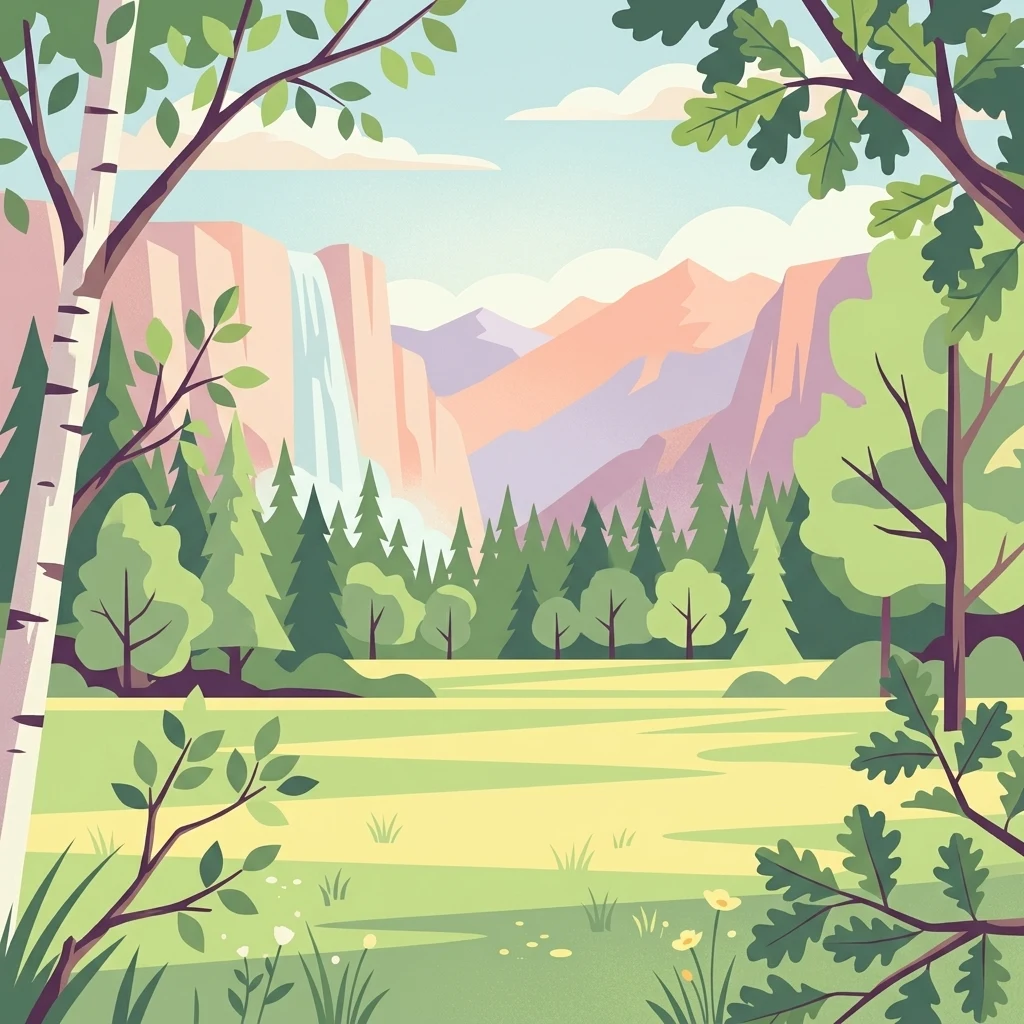 Una ilustración vectorial plana de una pradera enmarcada por abedules y robles en primer plano, con un bosque de pinos, montañas lejanas y una cascada al fondo.