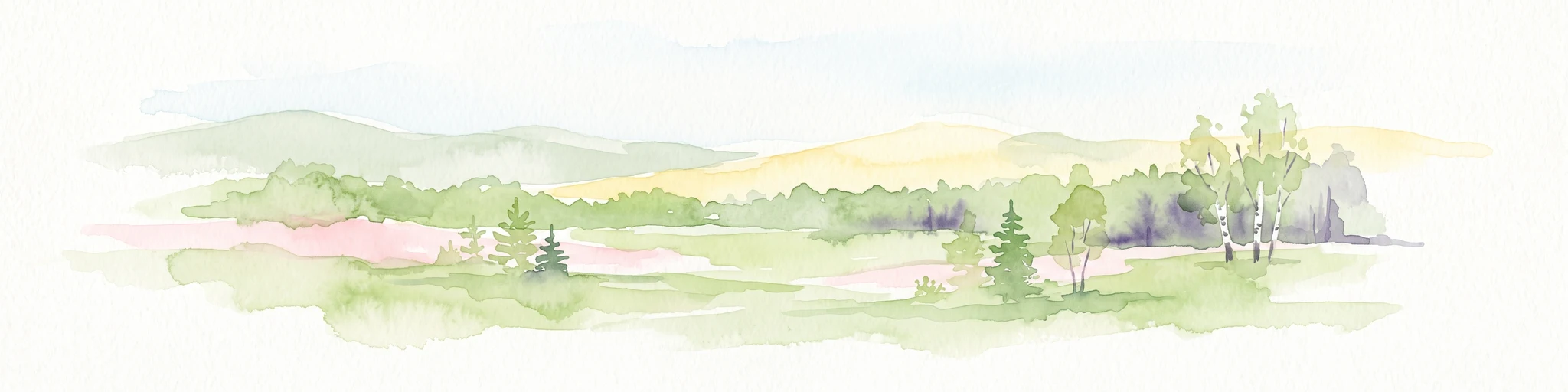 A soft watercolor painting of a rolling landscape with green fields, scattered evergreen and deciduous trees, and distant hills under a light sky.