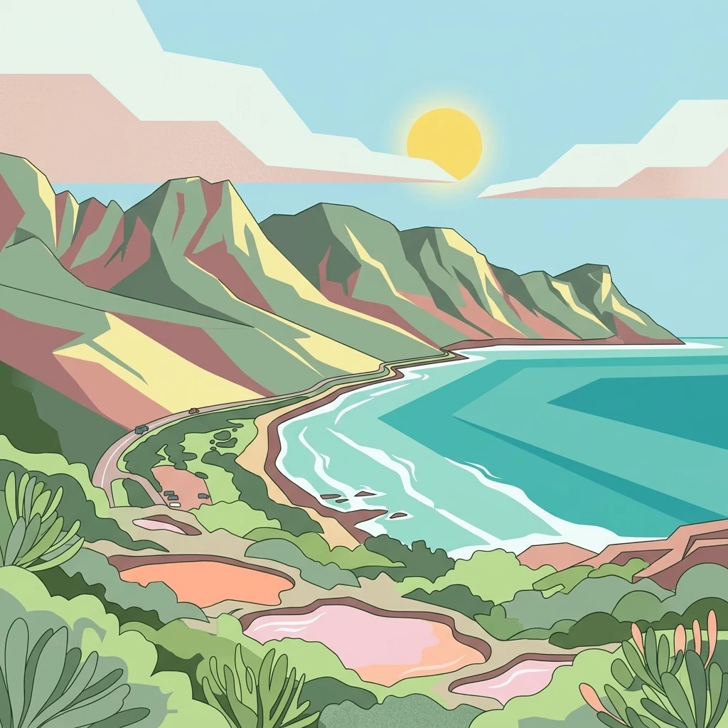 A colorful flat illustration depicting a coastal landscape with green mountains meeting a turquoise ocean, featuring a winding road along the cliffs, blooming fynbos in the foreground, and a bright yellow sun in the sky.