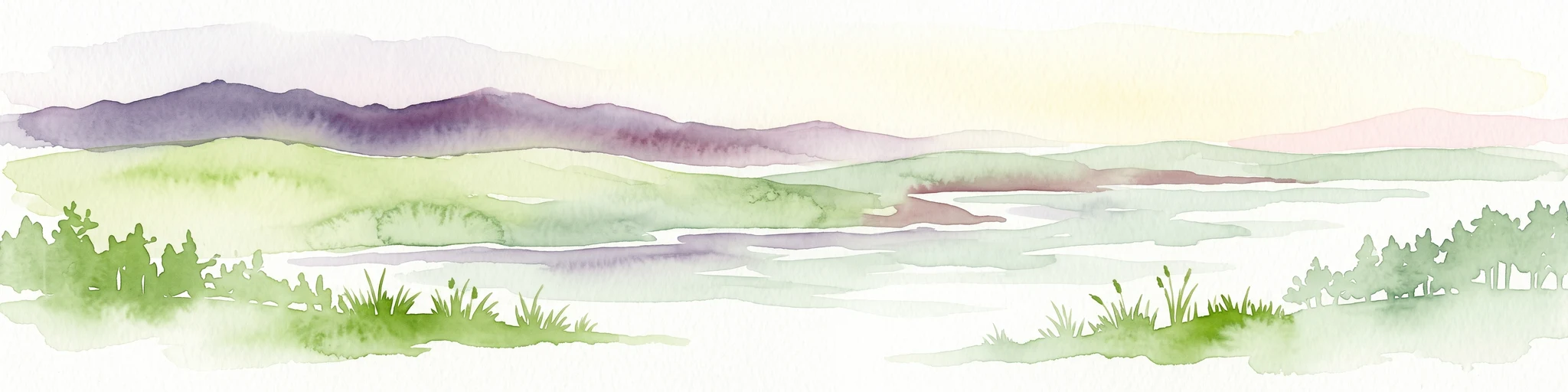 A watercolor illustration of a wide landscape featuring a calm body of water in the foreground, rolling green hills, and purple-toned mountains in the background.