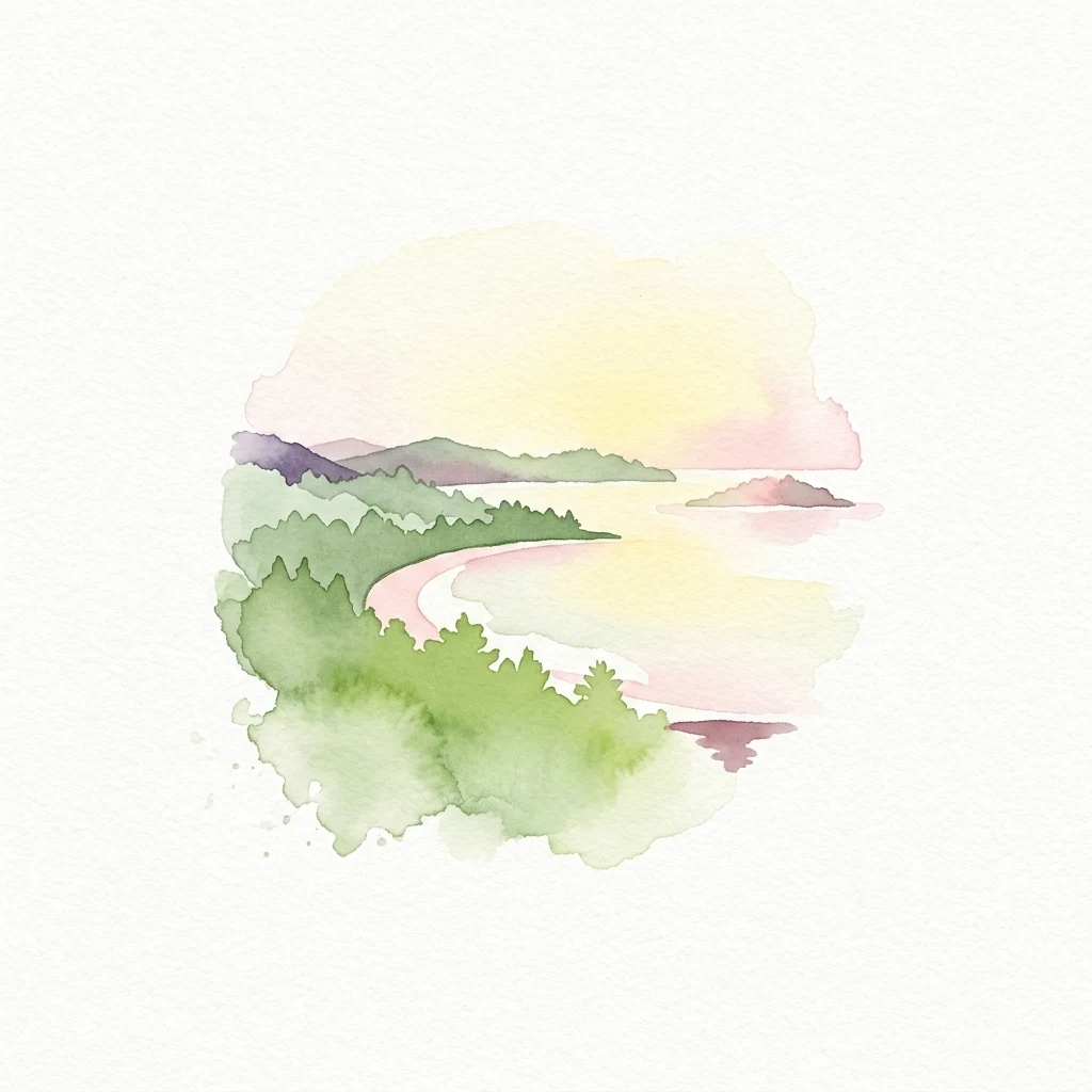 Representación en acuarela de una escena costera con árboles verdes, orilla arenosa y agua tranquila bajo un cielo suave