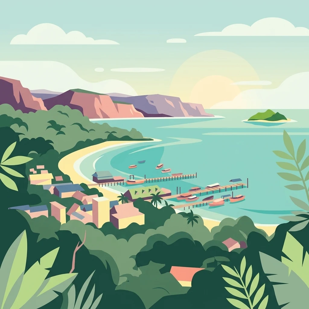 Ilustración de una escena costera tropical con un asentamiento en la playa, un muelle con barcos, acantilados y una isla en la distancia