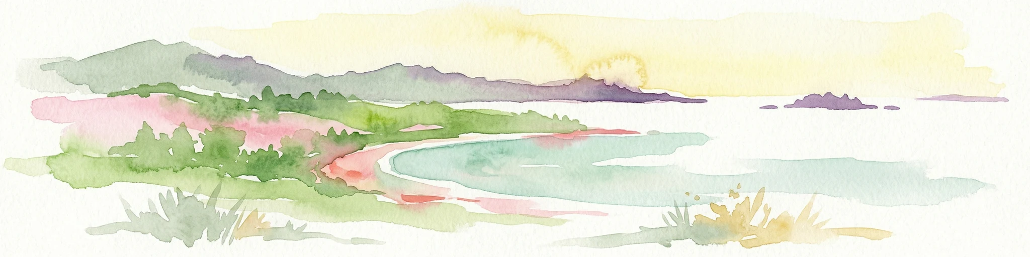 Ilustración acuarela de un paisaje costero con colinas, playa y océano