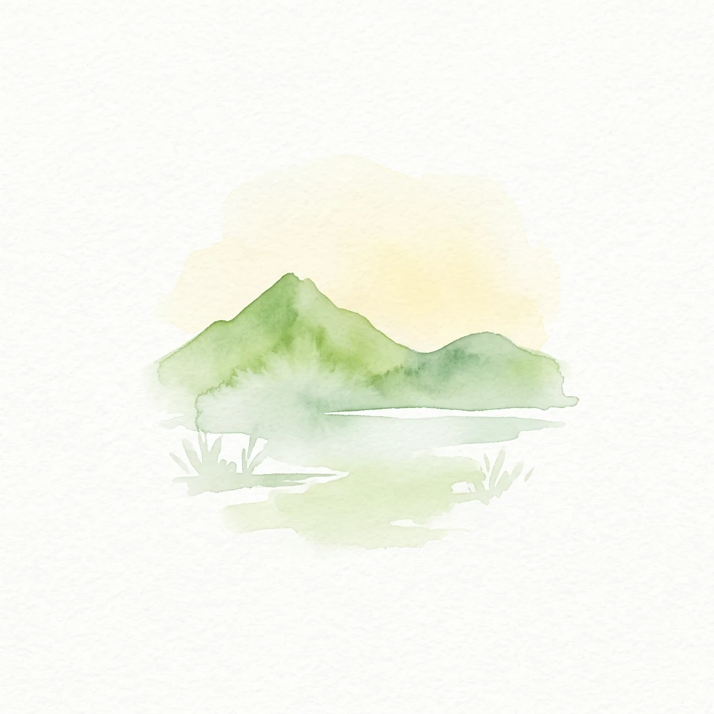 Watercolor painting of green mountains, a lake, and sparse vegetation under a pale sky