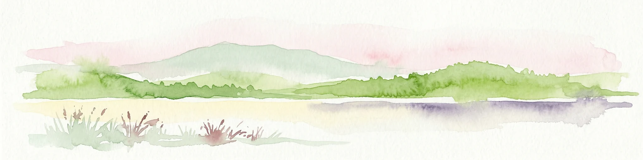 Ilustración acuarela de un paisaje con colinas verdes, una masa de agua y un primer plano cubierto de hierba bajo un cielo de tono rosado