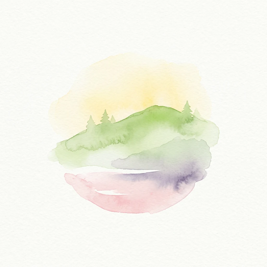 Pintura de acuarela que muestra una colina verde con árboles, un lago rosado y un cielo amarillo