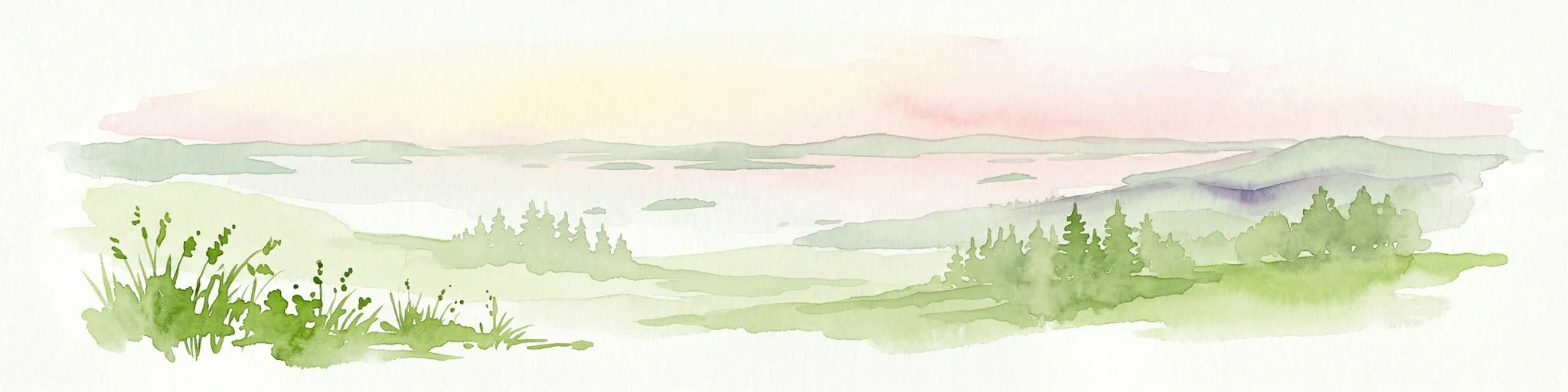 Ilustración de acuarela de un paisaje con vegetación verde, colinas onduladas y una masa de agua bajo un cielo pastel