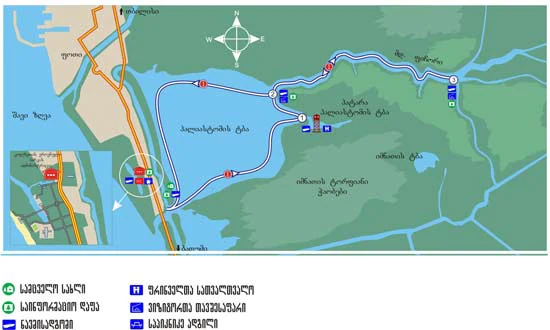 Map of Kolkheti National Park showing marked tourist routes on Paliastomi Lake with Georgian legend symbols