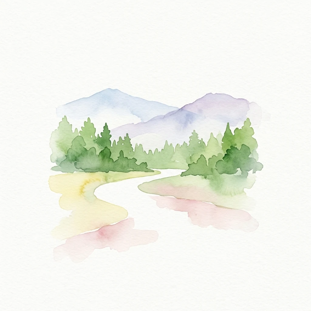 Watercolor illustration of a river flowing through forested landscape with mountains in background