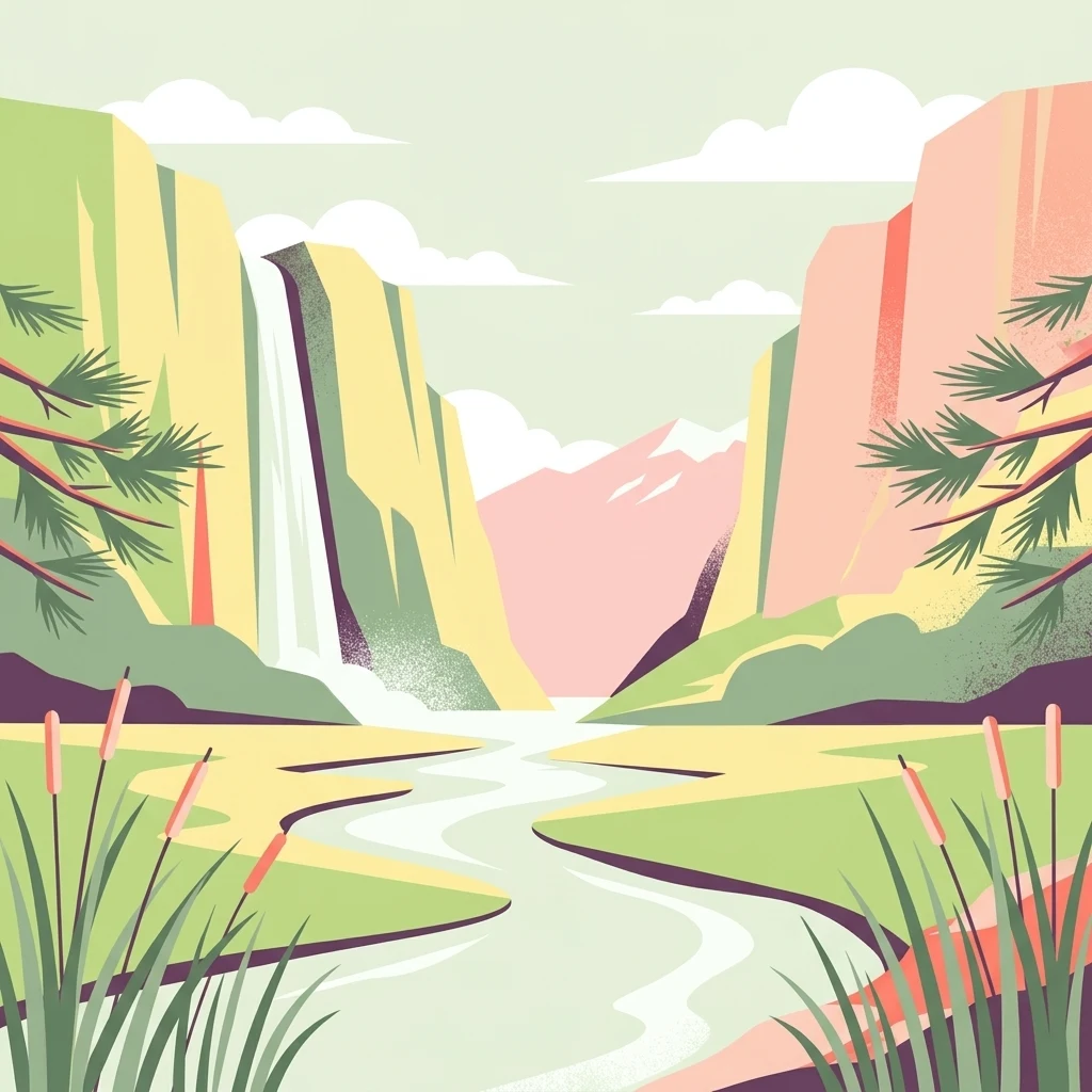 Ilustración estilizada de una cascada entre acantilados coloridos con un río serpenteante y juncos