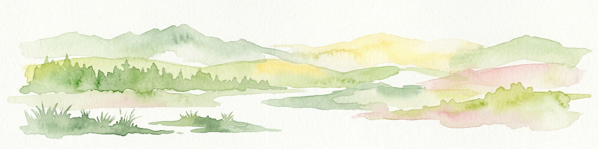 Paisaje de acuarela con montañas, río, bosques y humedales