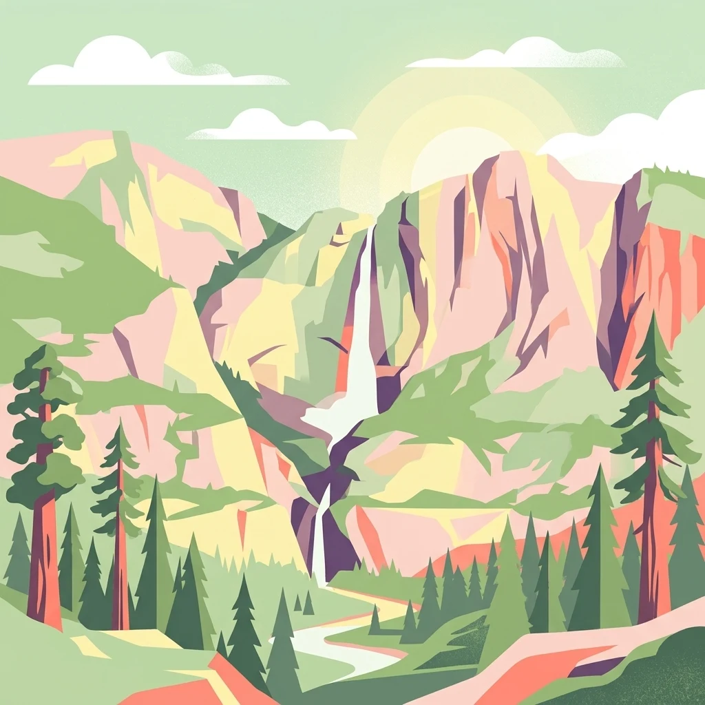 A graphic illustration depicting a tall waterfall cascading down colorful, angular mountain slopes with evergreen trees in the foreground and a pale sun in the sky.