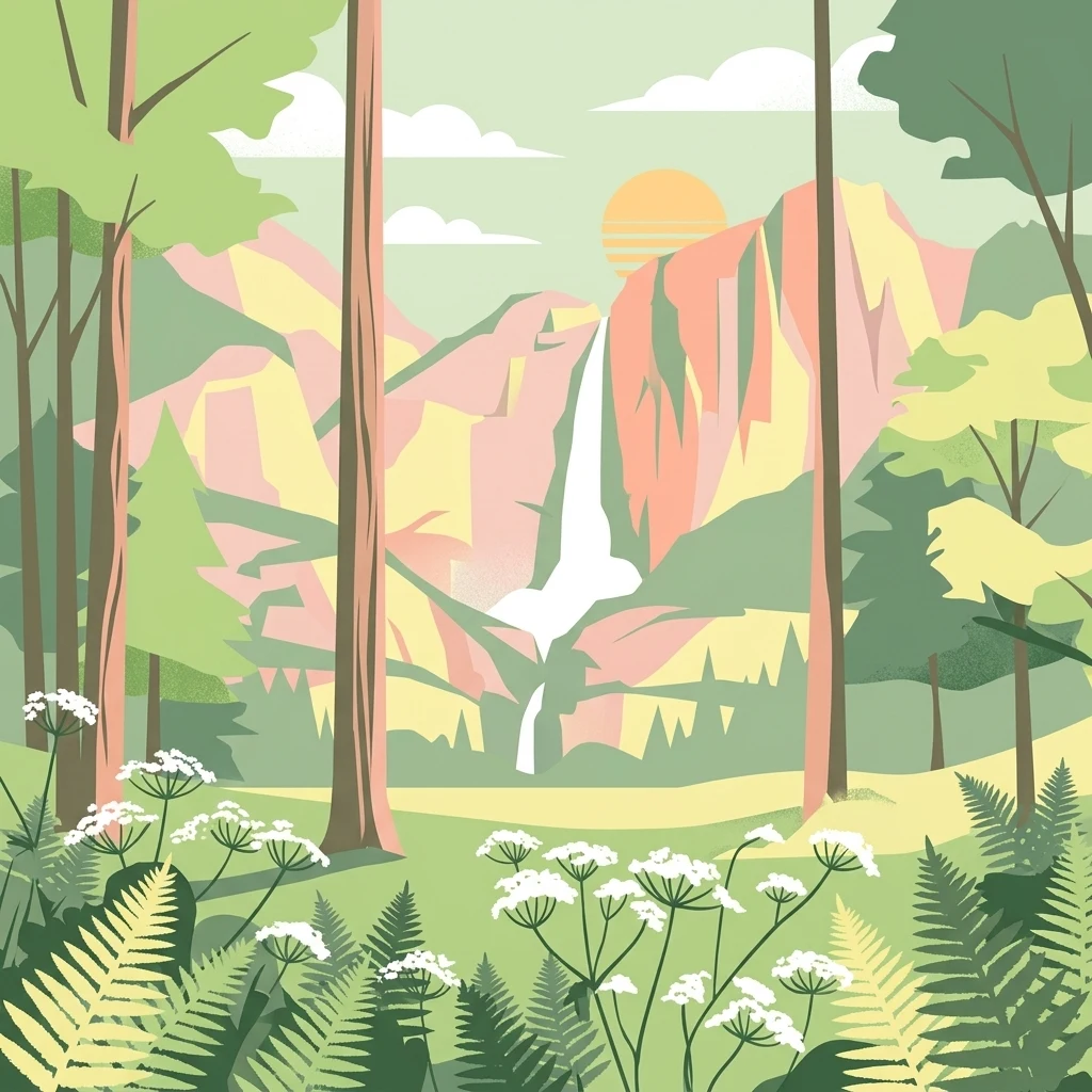 A graphic illustration showing a forest landscape with ferns and white wildflowers in the foreground, and a waterfall cascading down mountain slopes in the distance under a pale sun.