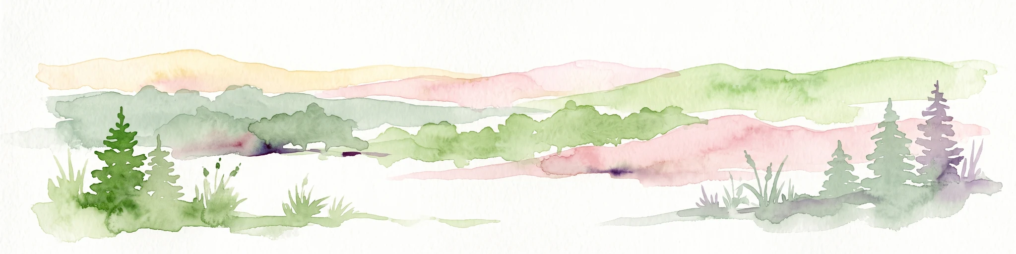A watercolor painting showing a soft, stylized forest landscape with rolling hills, evergreen trees, and grasses against a white background.