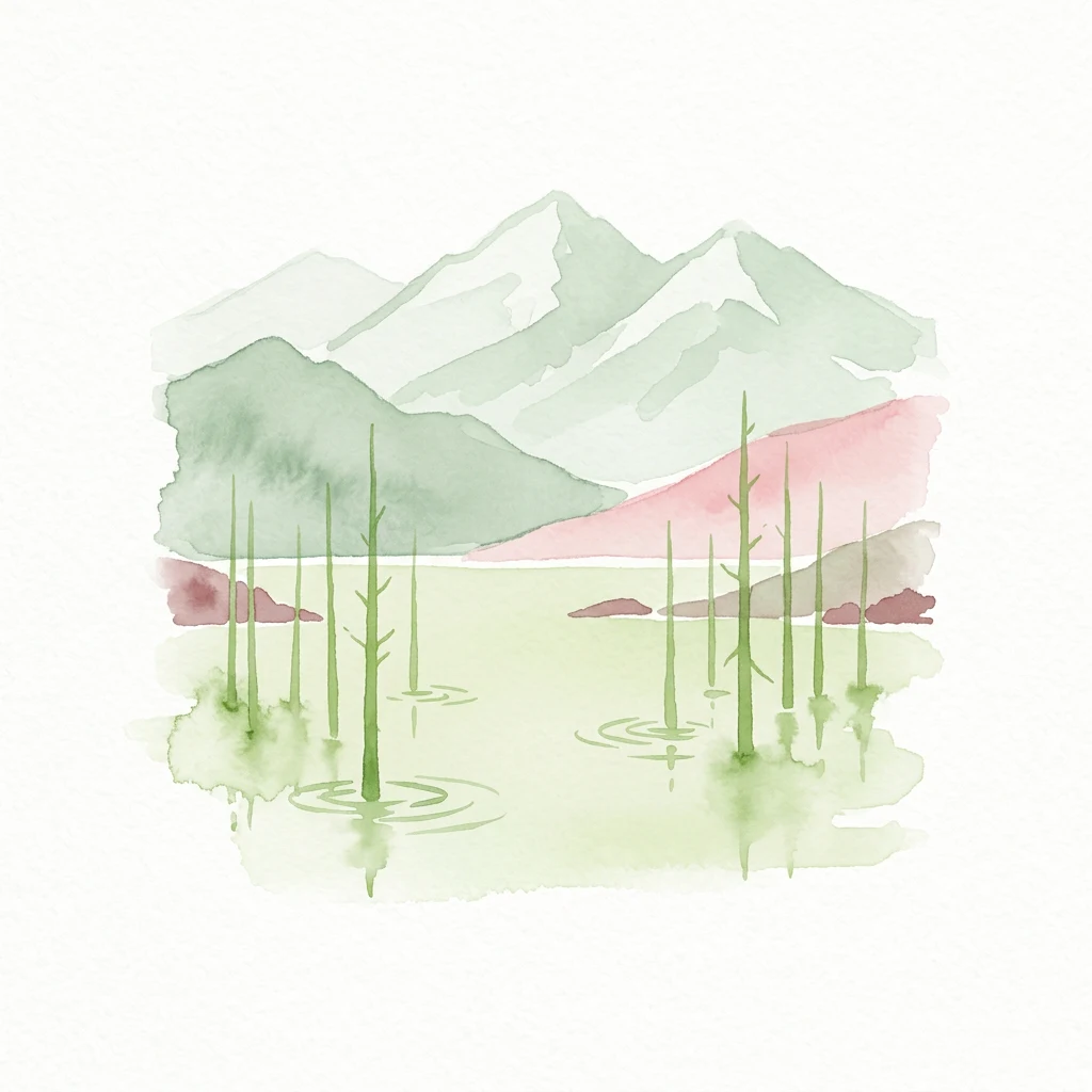 Watercolor painting showing a lake with tall reeds, mountain peaks in the background, and pink and green color tones