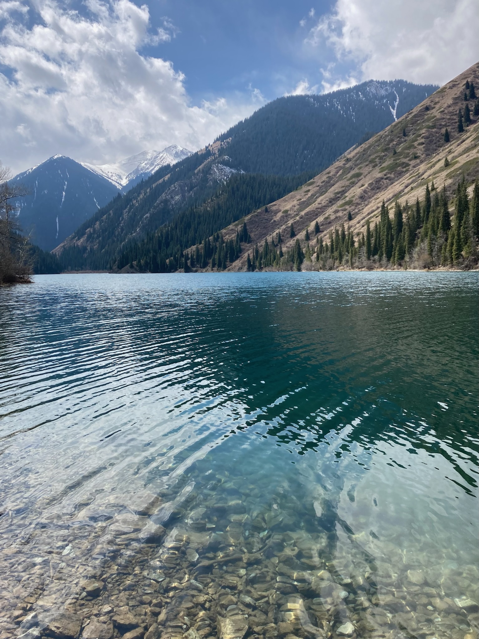 Clear turquoise lake waters with visible rocks on the shore, surrounded by forested mountains under a partly cloudy sky