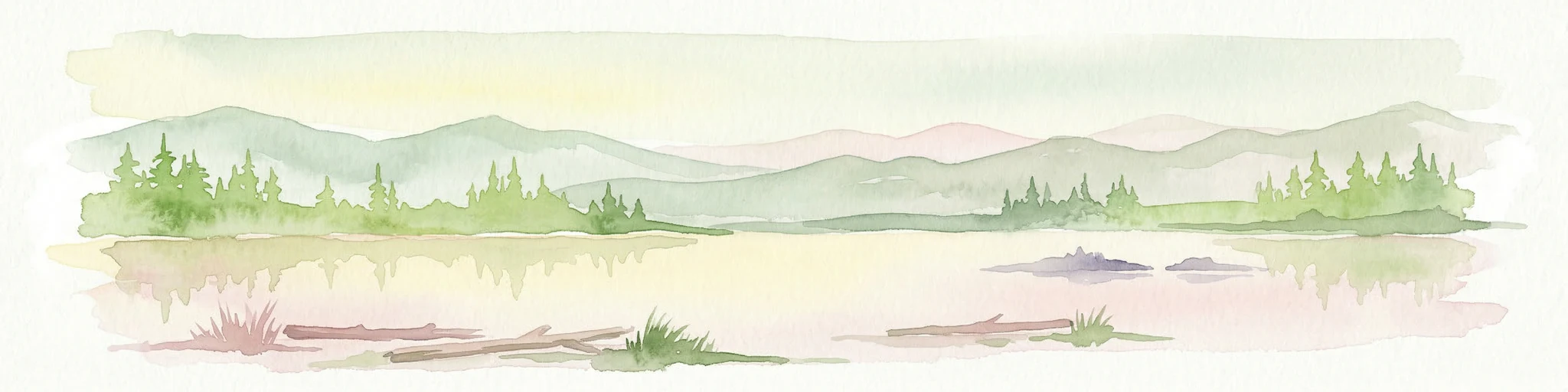 Ilustración en acuarela de un lago de montaña con bosques, montañas distantes y agua tranquila que refleja el paisaje