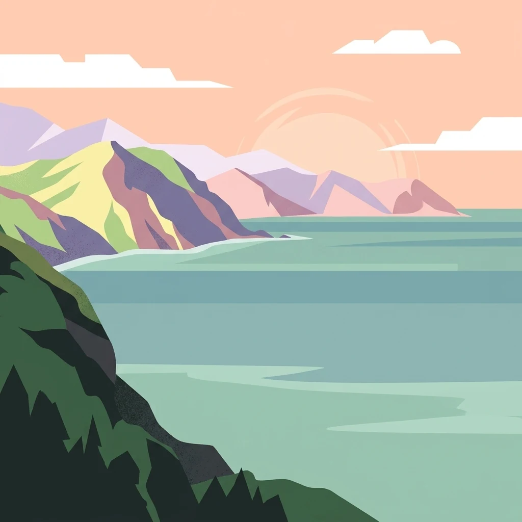 A flat-design digital illustration showing a view of rocky cliffs and green mountains meeting the sea under a soft sunset sky with stylized clouds.