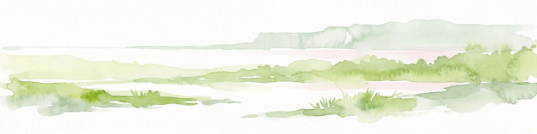 A horizontal watercolor illustration showing soft green, white, and pale pink tones depicting a misty coastal landscape with grassy banks and distant hills.
