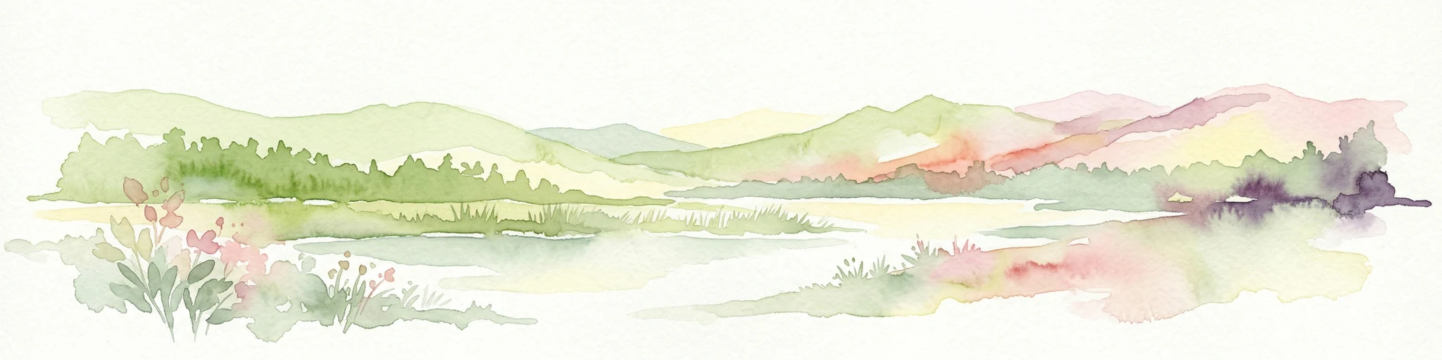 Watercolor painting showing a lake, mountains, trees, and flowers