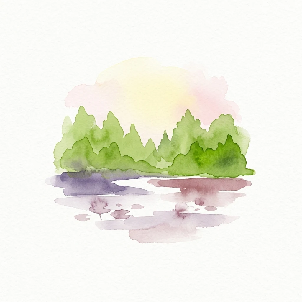 Watercolor painting of green trees, calm lake with lily pads, and pink-yellow sky