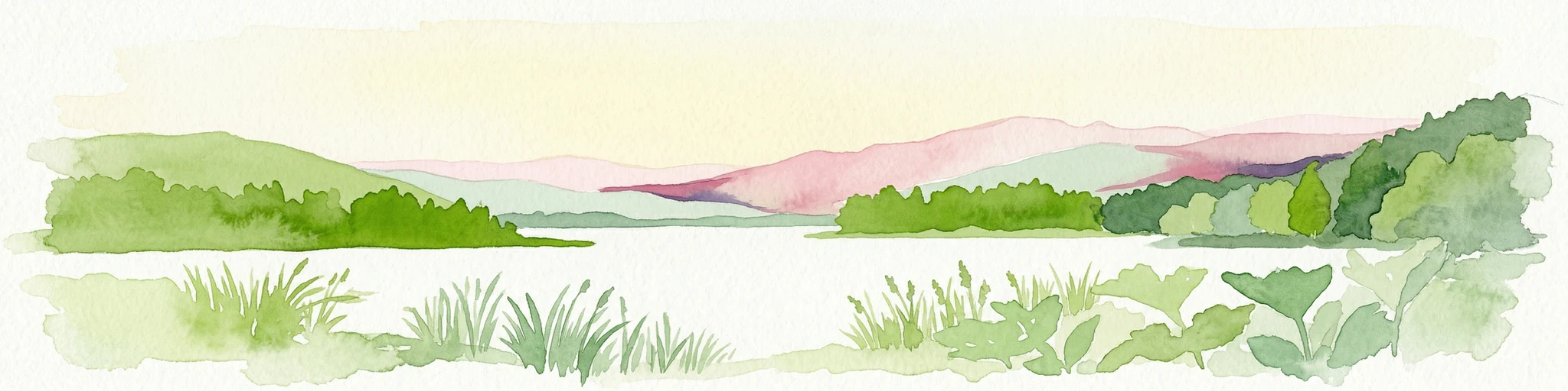 Watercolor illustration of green hills, a body of water, and vegetation