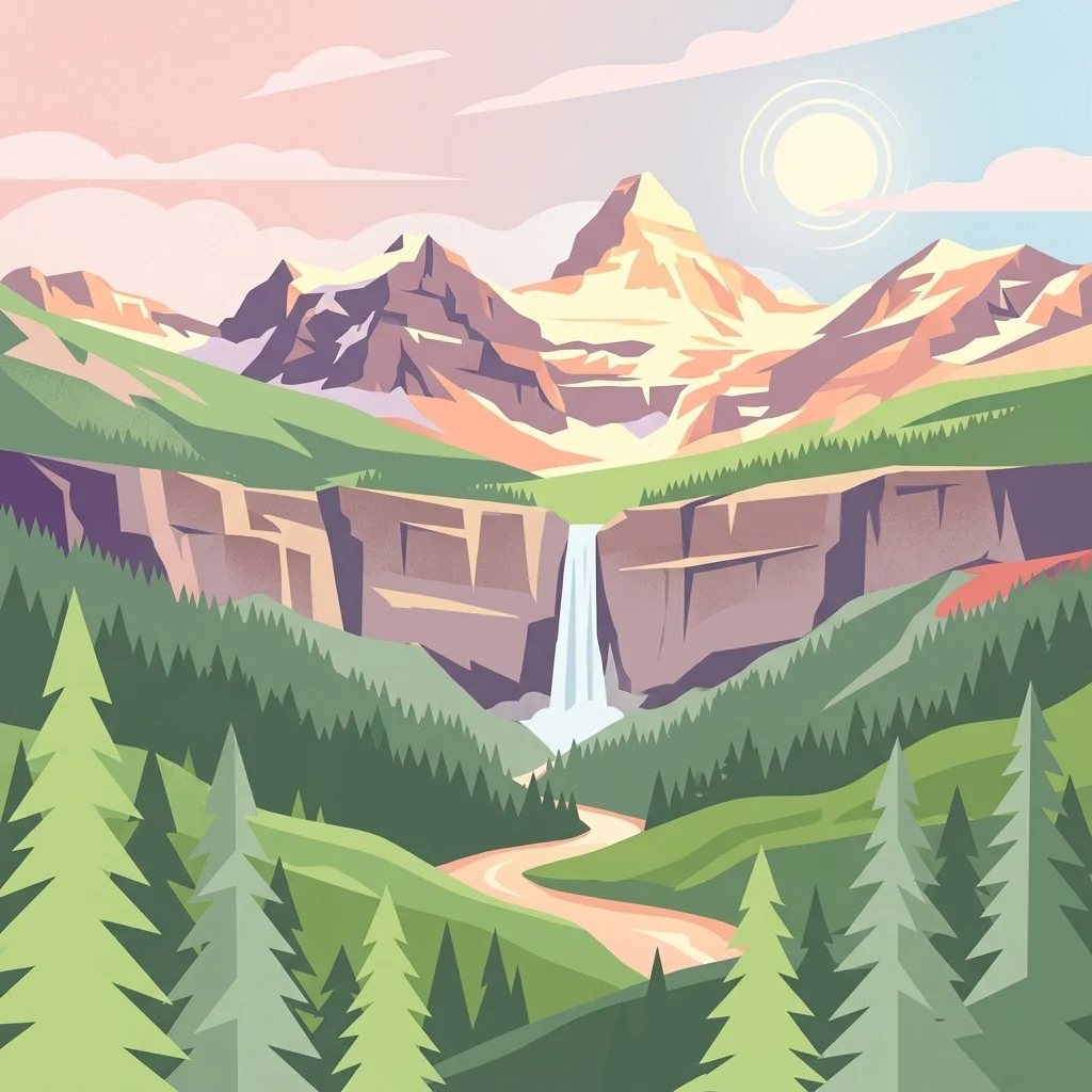 A stylized illustration of a mountain landscape with a central waterfall flowing from a high cliff into a valley filled with coniferous trees under a soft sun.