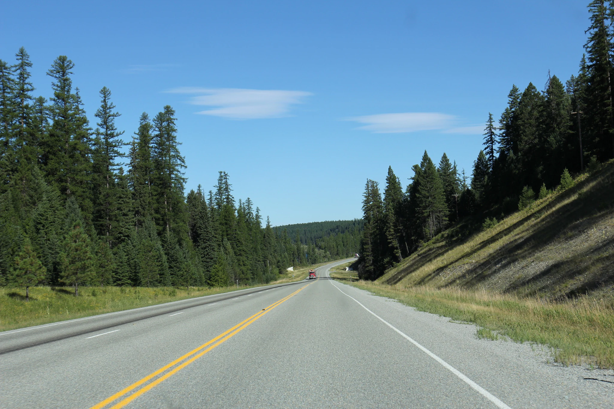 A paved two-lane highway stretches into the distance, flanked by dense evergreen forests and rolling hills under a clear blue sky.