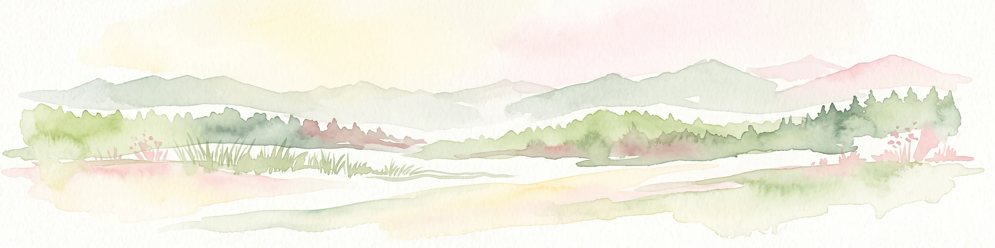 A soft watercolor painting depicting rolling mountains in the background with a line of forest in the midground and open terrain in the foreground.