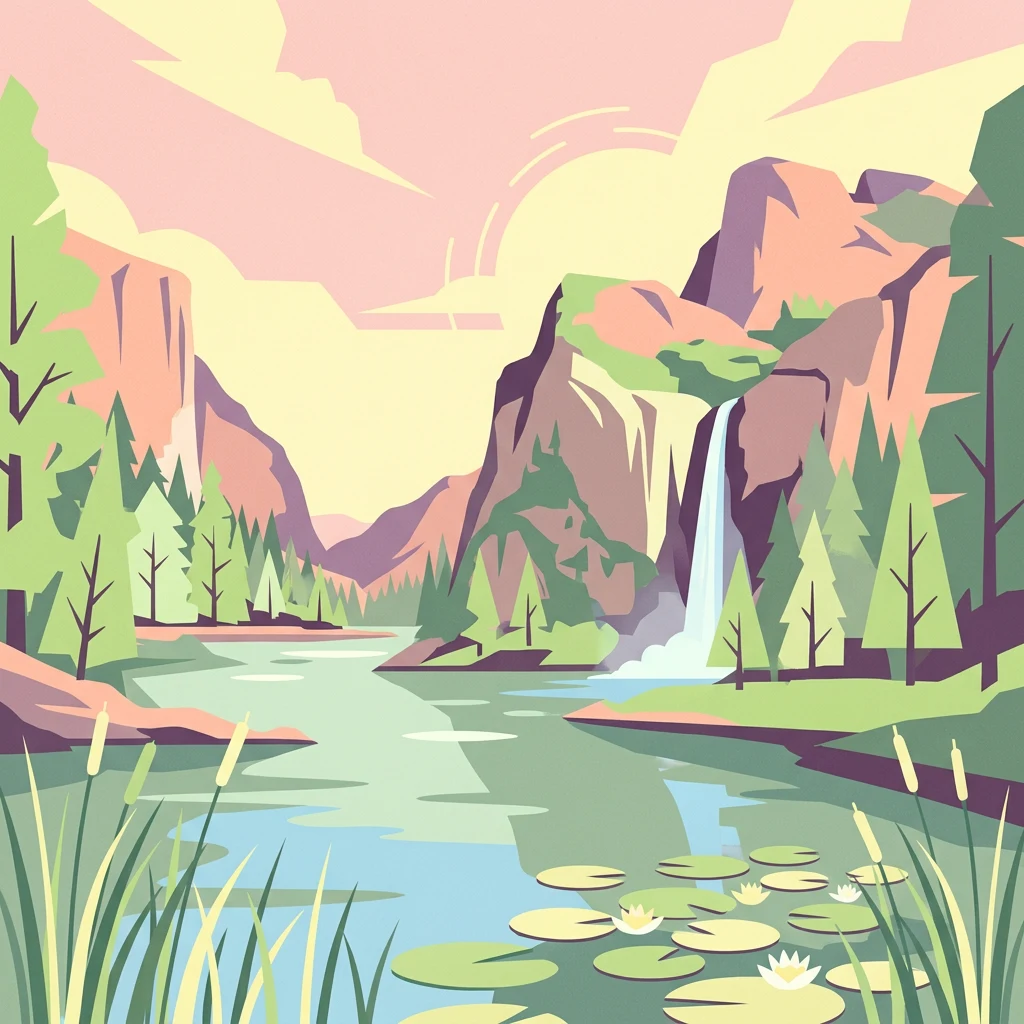 Ilustración estilizada de un río que fluye a través de un valle con montañas, árboles, nenúfares y juncos