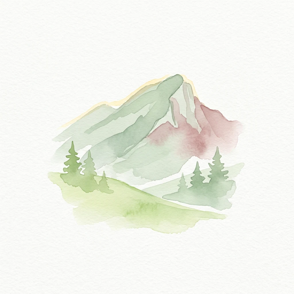 Watercolor painting of a mountain with green slopes, pine trees, and pink-tinged peaks