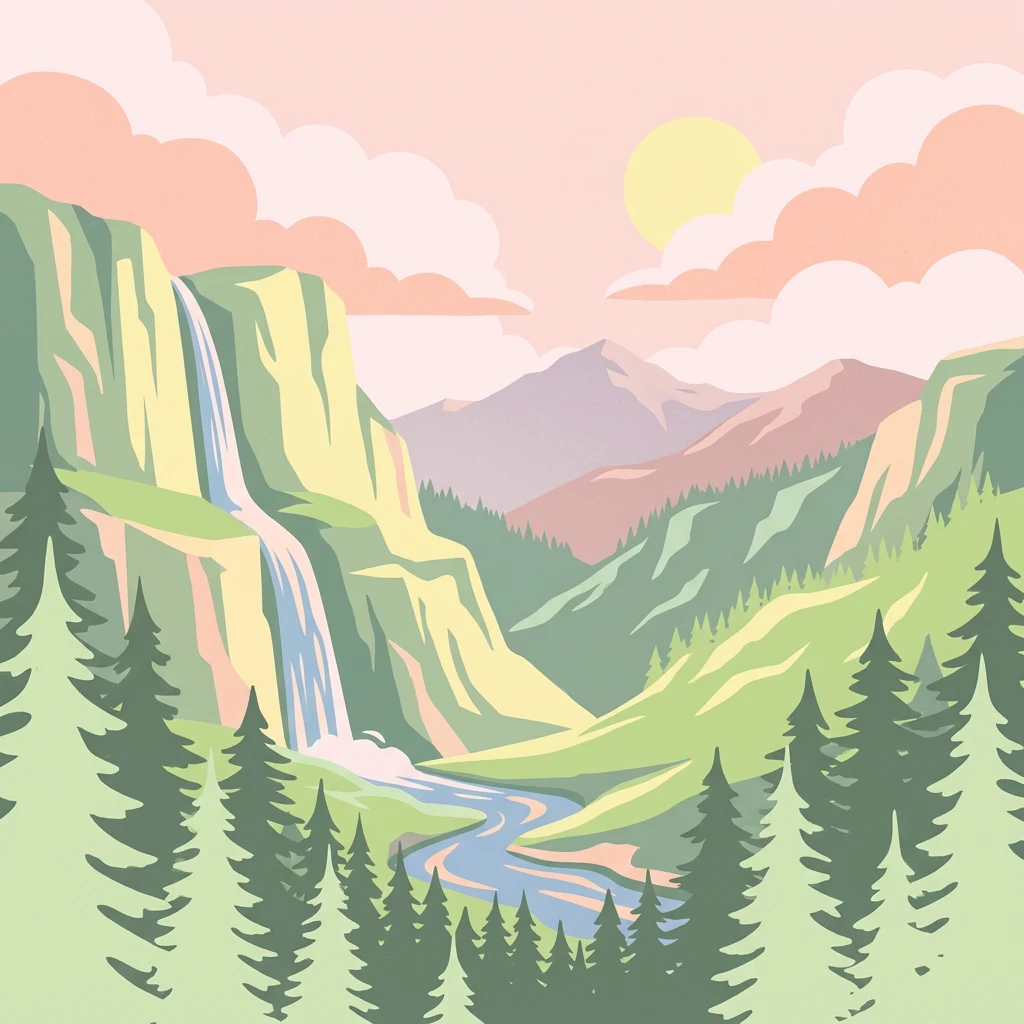 Ilustración de paisaje montañoso que muestra cascada, río, pinos y montañas bajo un cielo rosado