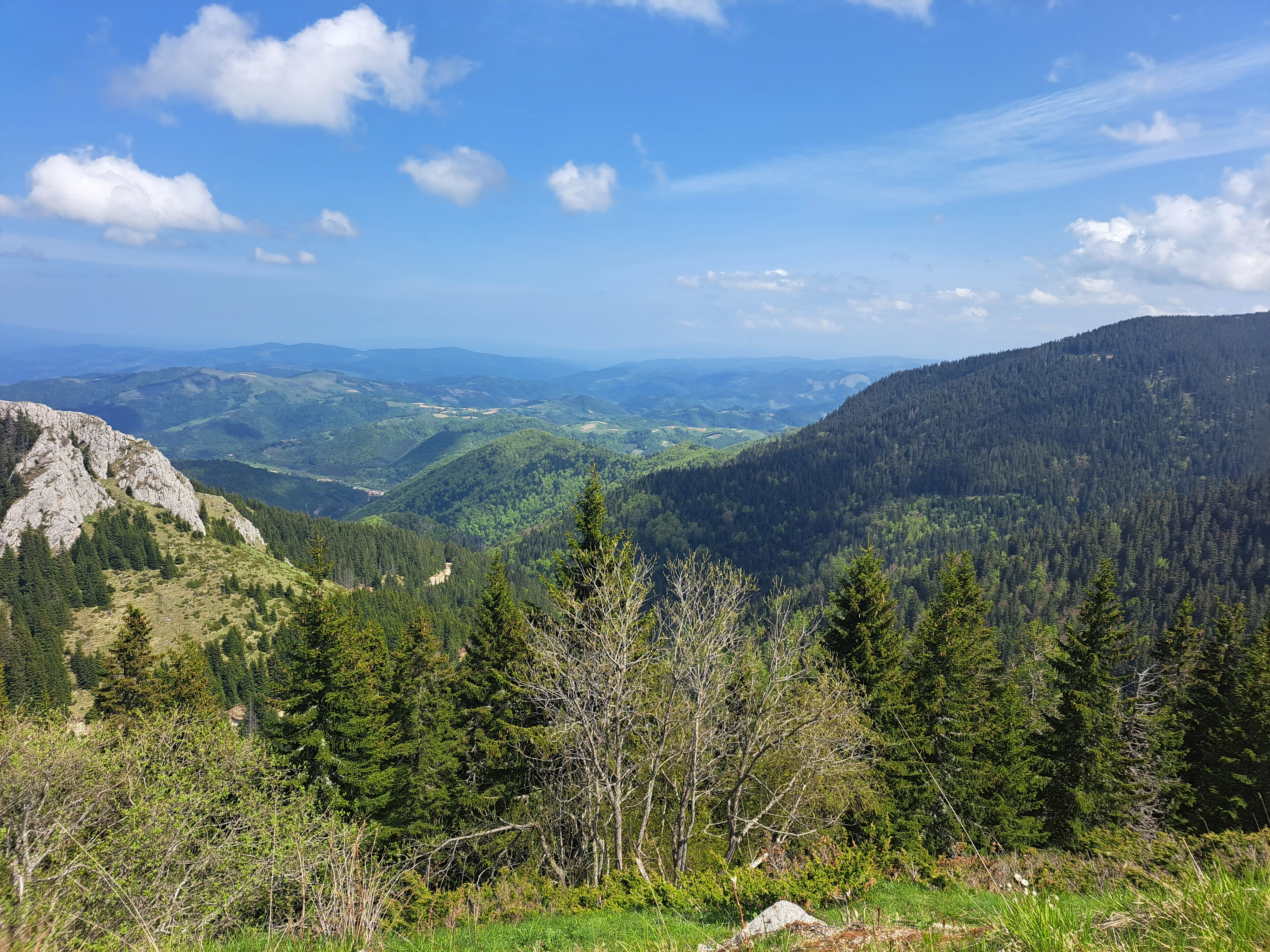 Panoramic landscape view of forested mountains, valleys, and distant hills under a clear blue sky with scattered clouds