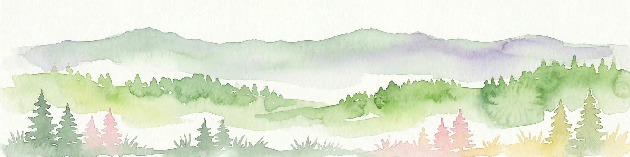Ilustración acuarela de un paisaje montañoso con bosques y colinas distantes