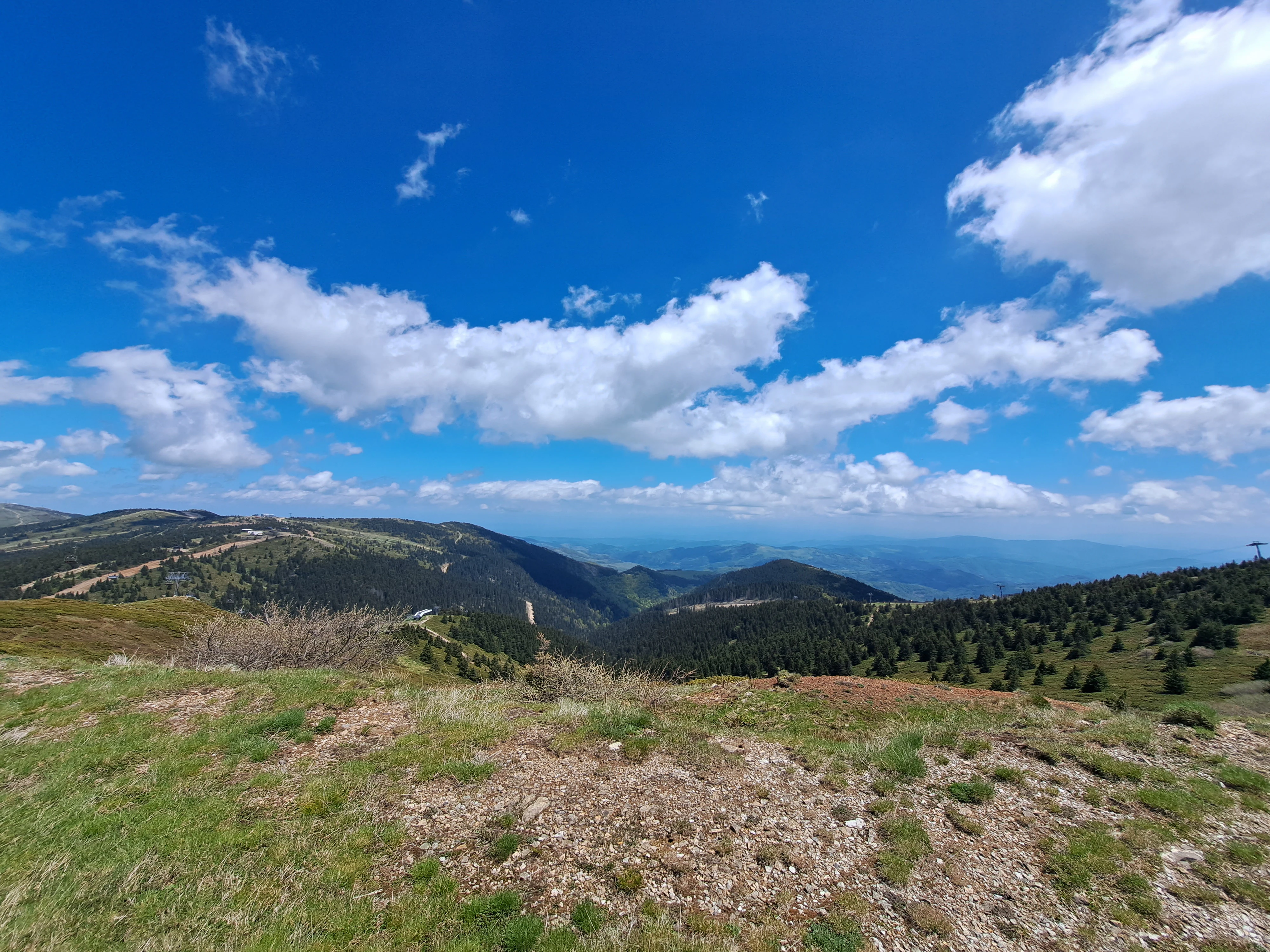 Grassy hillside with rocky patches overlooking a mountain valley under a blue sky with scattered clouds