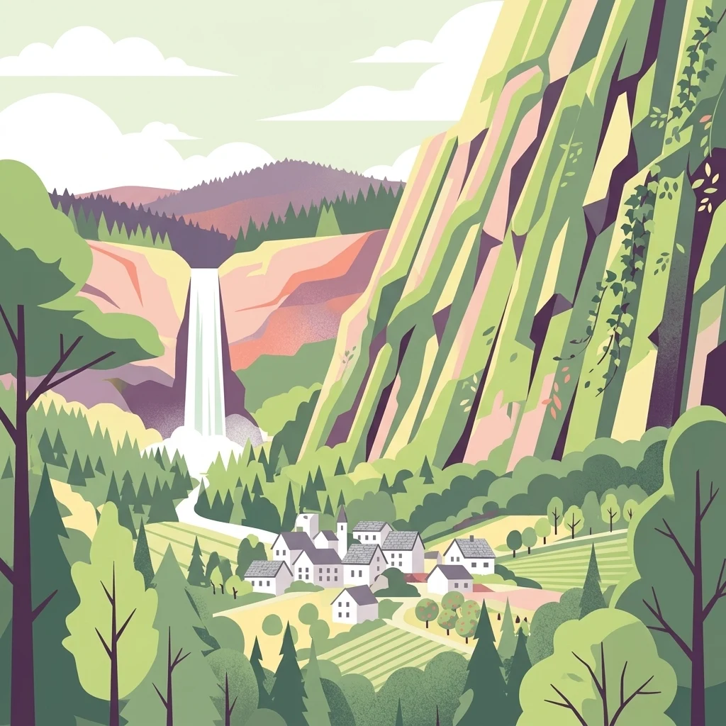 An artistic illustration showing a valley scene with a vertical rock cliff on the right, a waterfall in the distance, and a small village nestled among trees and fields.