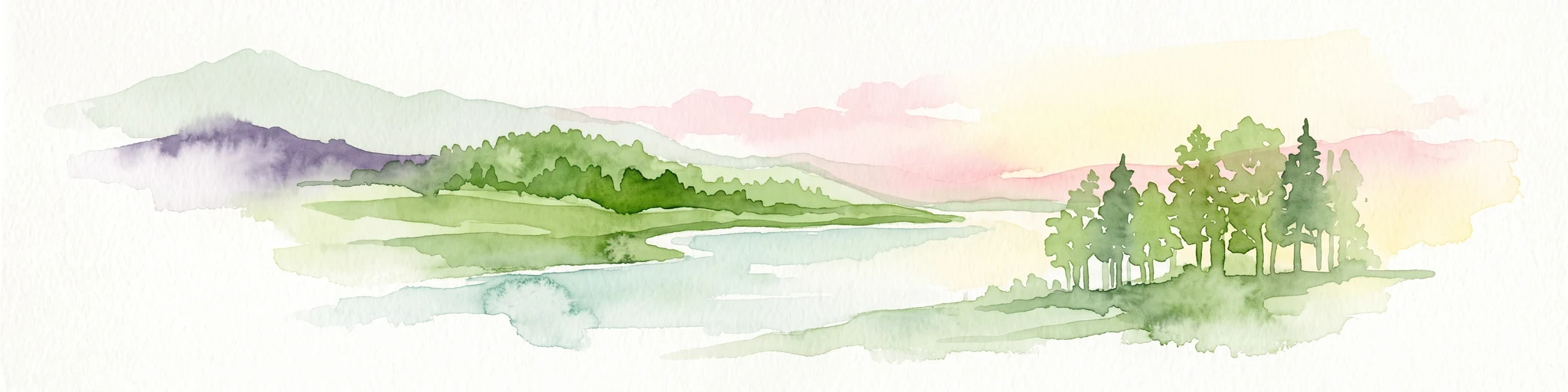 Watercolor painting of a rolling landscape with green hills, a small body of water, and clusters of trees under a soft, pale sky.