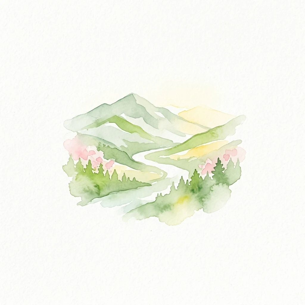 Watercolor painting showing green mountains, a winding river, and pink-flowered trees