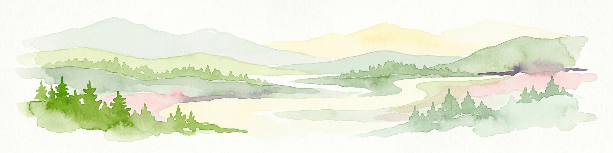 Ilustración en acuarela de un paisaje montañoso con un río, árboles y un cielo colorido