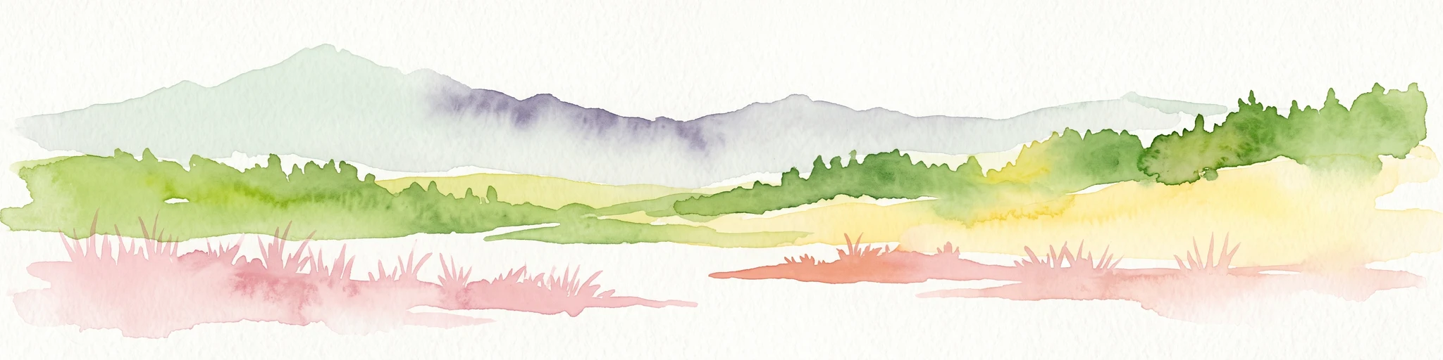 Watercolor painting of an alpine mountain range with rolling green hills and pink wildflowers in the foreground.