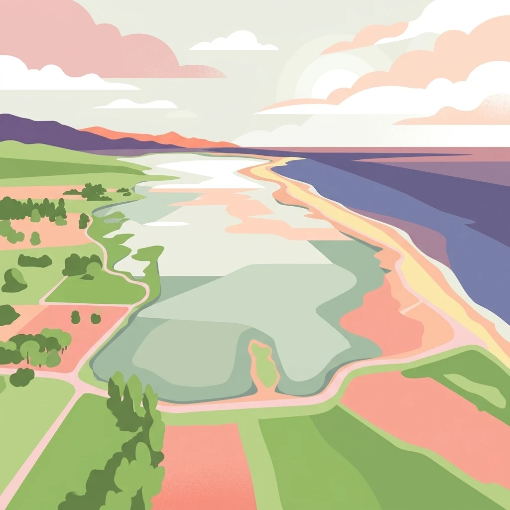 A digital illustration of a coastal lagoon from an aerial perspective, showing green marshes, sandy shores, and blue water under a soft sky.