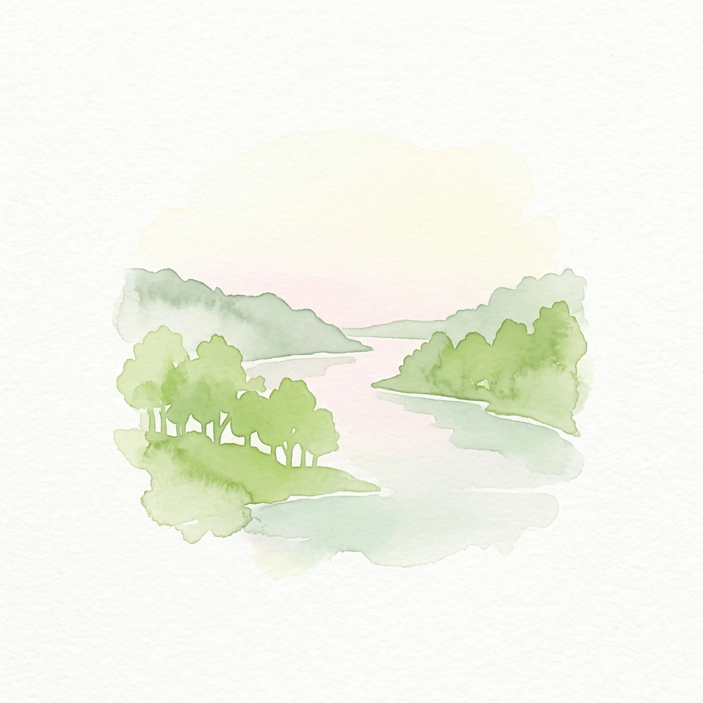 Watercolor illustration of a river flowing through a landscape with green trees and hills under a pale sky