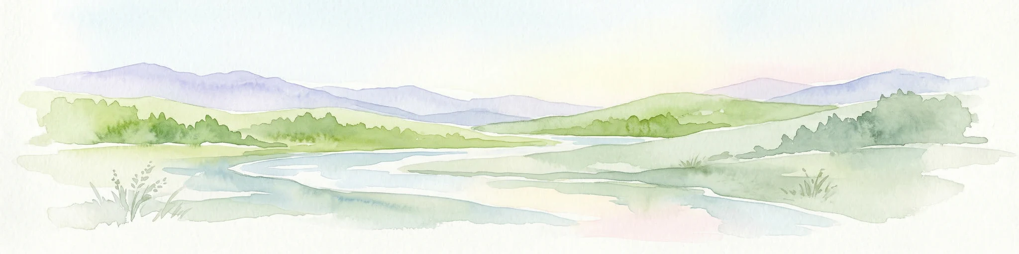 Ilustración acuarela de un río que fluye a través de un valle con montañas al fondo