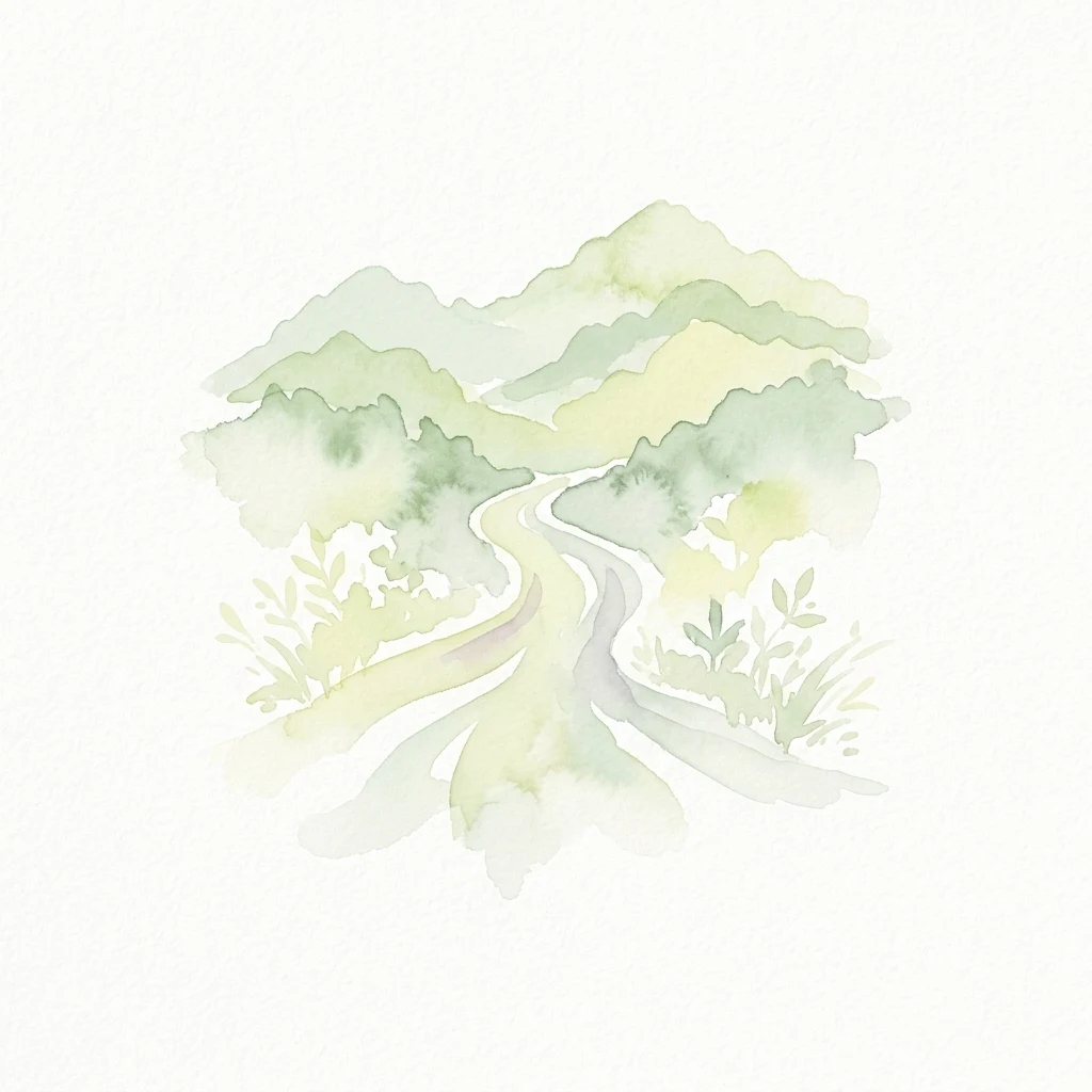 Watercolor illustration of a winding path through a forested landscape with trees and foliage
